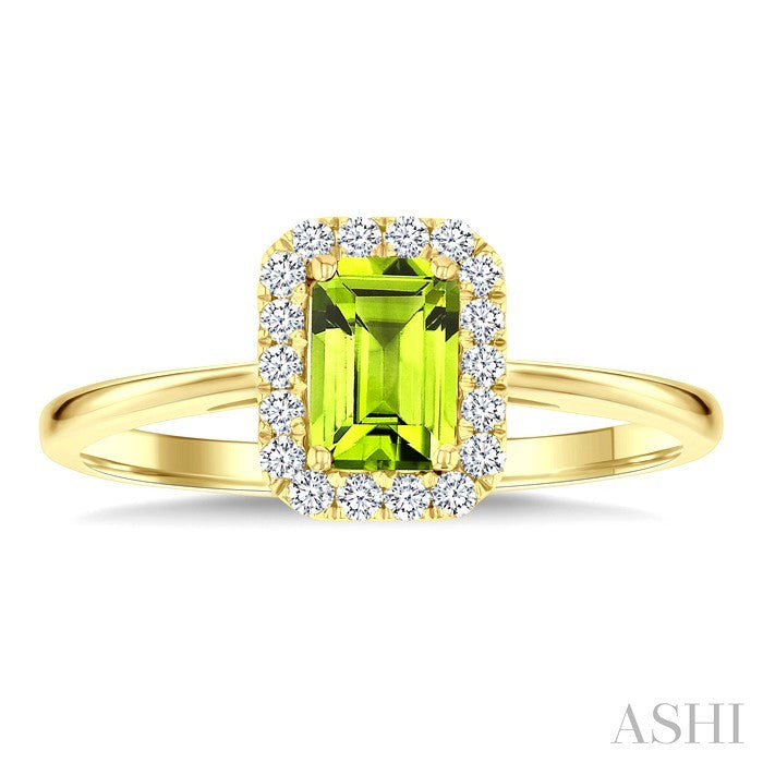 6x4 MM Octagonal Shape Peridot and 1/6 Ctw Round Cut Diamond Halo Semi-Precious Ring in 14K Yellow Gold