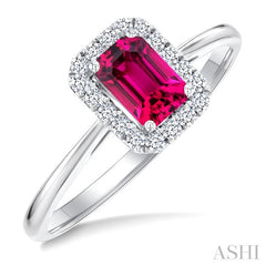 6x4 MM Octagonal Shape Pink Tourmaline and 1/6 Ctw Round Cut Diamond Halo Semi-Precious Ring in 14K White Gold