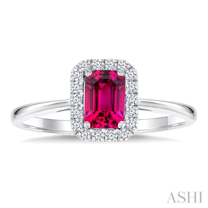 6x4 MM Octagonal Shape Pink Tourmaline and 1/6 Ctw Round Cut Diamond Halo Semi-Precious Ring in 14K White Gold