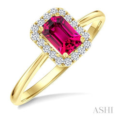 6x4 MM Octagonal Shape Pink Tourmaline and 1/6 Ctw Round Cut Diamond Halo Semi-Precious Ring in 14K Yellow Gold