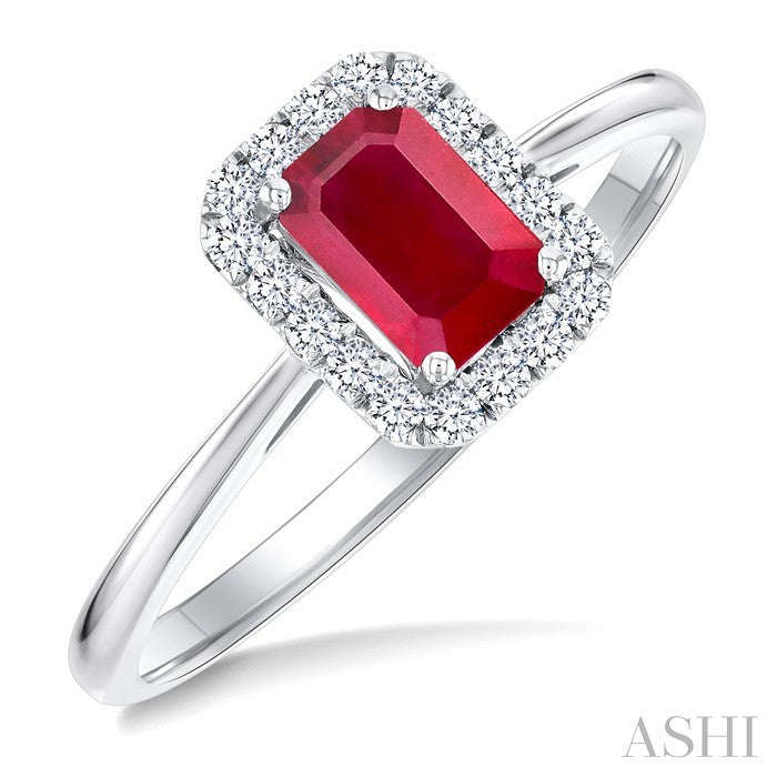 6x4 MM Octagonal Shape Ruby and 1/6 Ctw Round Cut Diamond Halo Precious Ring in 14K White Gold