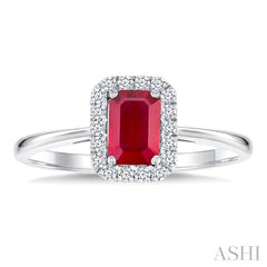 6x4 MM Octagonal Shape Ruby and 1/6 Ctw Round Cut Diamond Halo Precious Ring in 14K White Gold