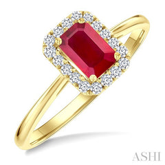 6x4 MM Octagonal Shape Ruby and 1/6 Ctw Round Cut Diamond Halo Precious Ring in 14K Yellow Gold
