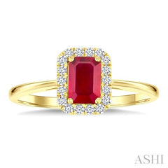 6x4 MM Octagonal Shape Ruby and 1/6 Ctw Round Cut Diamond Halo Precious Ring in 14K Yellow Gold