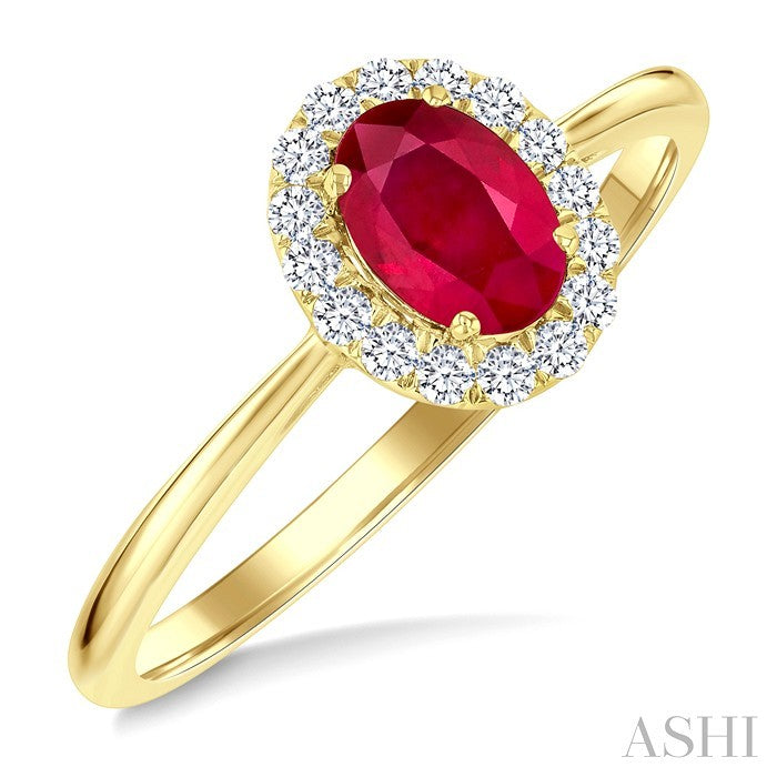 6x4 MM Oval Shape Ruby and 1/6 Ctw Round Cut Diamond Halo Precious Ring in 14K Yellow Gold