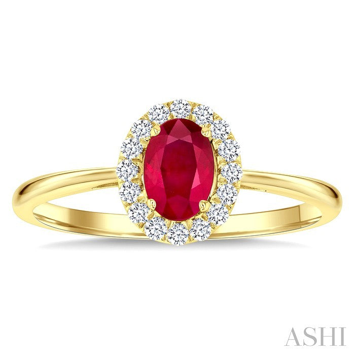 6x4 MM Oval Shape Ruby and 1/6 Ctw Round Cut Diamond Halo Precious Ring in 14K Yellow Gold