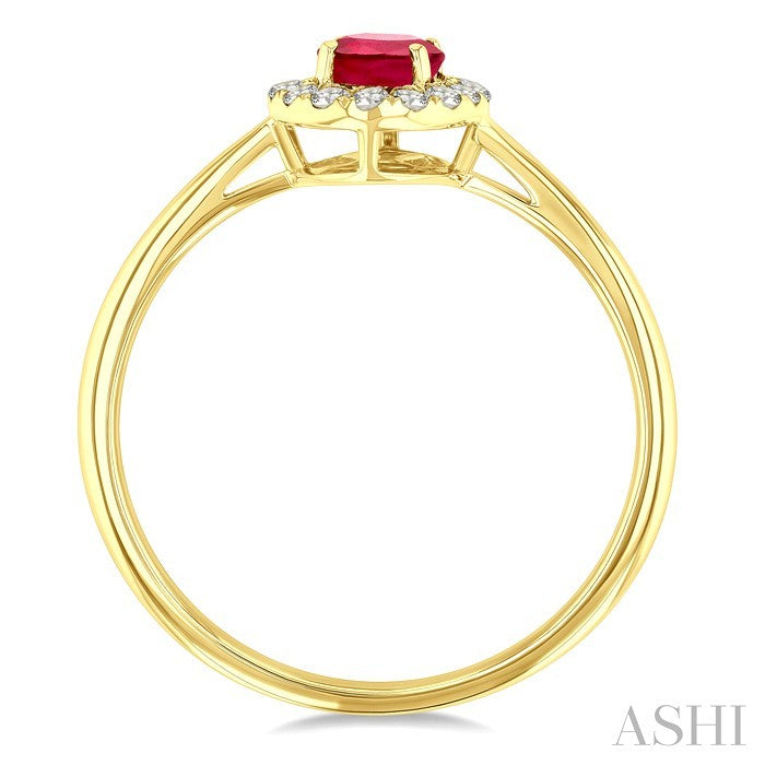 6x4 MM Oval Shape Ruby and 1/6 Ctw Round Cut Diamond Halo Precious Ring in 14K Yellow Gold
