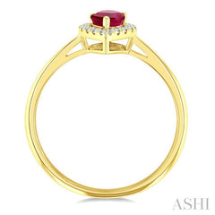 6x4 MM Pear Shape Ruby and 1/6 Ctw Round Cut Diamond Halo Precious Ring in 14K Yellow Gold