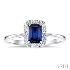 6x4 MM Octagonal Shape Sapphire and 1/6 Ctw Round Cut Diamond Halo Precious Ring in 14K White Gold
