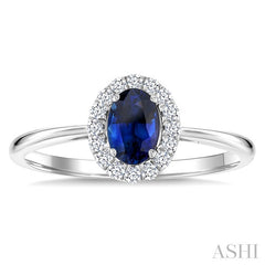 6x4 MM Oval Shape Sapphire and 1/6 Ctw Round Cut Diamond Halo Precious Ring in 14K White Gold
