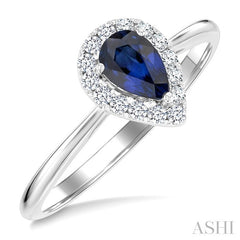 6x4 MM Pear Shape Sapphire and 1/6 Ctw Round Cut Diamond Halo Precious Ring in 14K White Gold