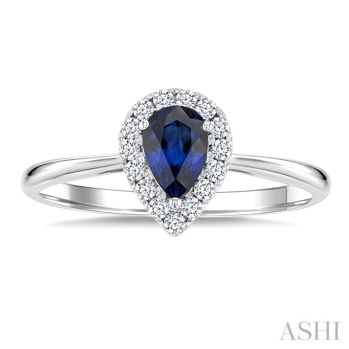 6x4 MM Pear Shape Sapphire and 1/6 Ctw Round Cut Diamond Halo Precious Ring in 14K White Gold