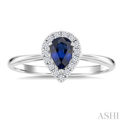6x4 MM Pear Shape Sapphire and 1/6 Ctw Round Cut Diamond Halo Precious Ring in 14K White Gold