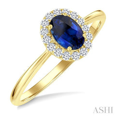 6x4 MM Oval Shape Sapphire and 1/6 Ctw Round Cut Diamond Halo Precious Ring in 14K Yellow Gold