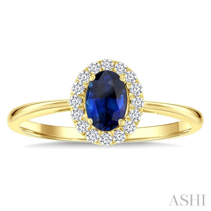 6x4 MM Oval Shape Sapphire and 1/6 Ctw Round Cut Diamond Halo Precious Ring in 14K Yellow Gold