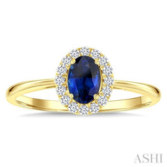 6x4 MM Oval Shape Sapphire and 1/6 Ctw Round Cut Diamond Halo Precious Ring in 14K Yellow Gold