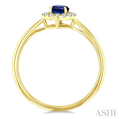 6x4 MM Oval Shape Sapphire and 1/6 Ctw Round Cut Diamond Halo Precious Ring in 14K Yellow Gold
