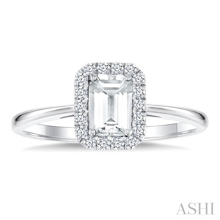 6x4 MM Octagonal Shape White Topaz and 1/6 Ctw Round Cut Diamond Halo Semi-Precious Ring in 14K White Gold