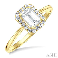 6x4 MM Octagonal Shape White Topaz and 1/6 Ctw Round Cut Diamond Halo Semi-Precious Ring in 14K Yellow Gold
