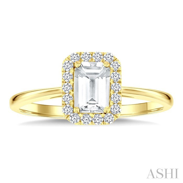 6x4 MM Octagonal Shape White Topaz and 1/6 Ctw Round Cut Diamond Halo Semi-Precious Ring in 14K Yellow Gold