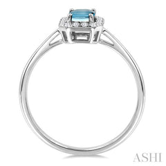 6x4 MM Octagonal Shape Aquamarine and 1/6 Ctw Round Cut Diamond Halo Semi-Precious Ring in 10K White Gold