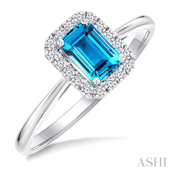 6x4 MM Octagonal Shape Blue Topaz and 1/6 Ctw Round Cut Diamond Halo Semi-Precious Ring in 10K White Gold