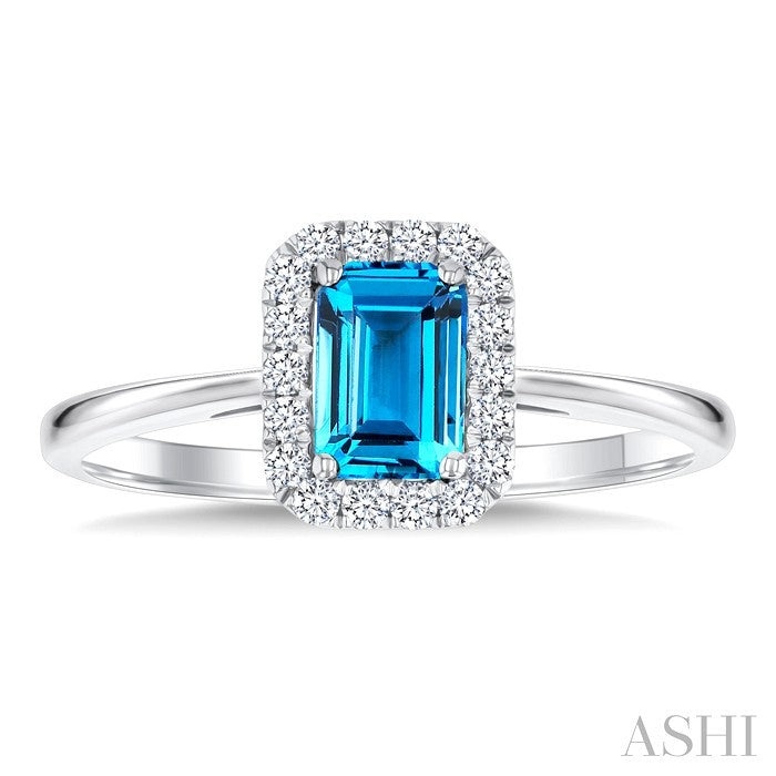6x4 MM Octagonal Shape Blue Topaz and 1/6 Ctw Round Cut Diamond Halo Semi-Precious Ring in 10K White Gold