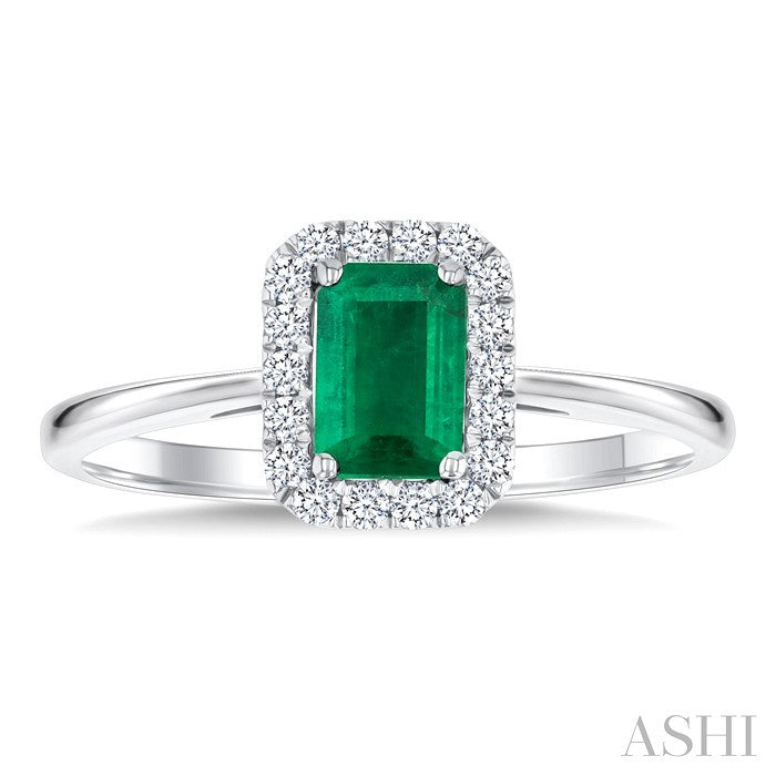 6x4 MM Octagonal Shape Emerald and 1/6 Ctw Round Cut Diamond Halo Precious Ring in 10K White Gold