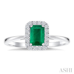 6x4 MM Octagonal Shape Emerald and 1/6 Ctw Round Cut Diamond Halo Precious Ring in 10K White Gold