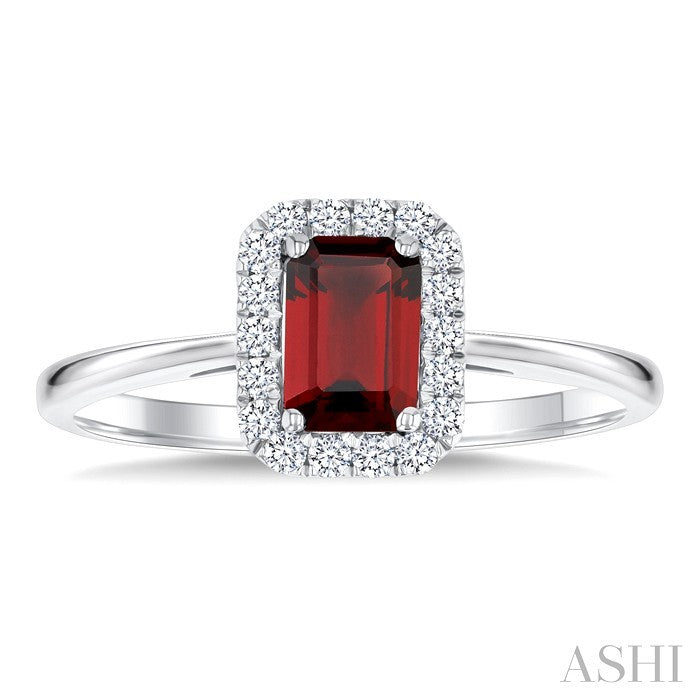 6x4 MM Octagonal Shape Garnet and 1/6 Ctw Round Cut Diamond Halo Semi-Precious Ring in 10K White Gold