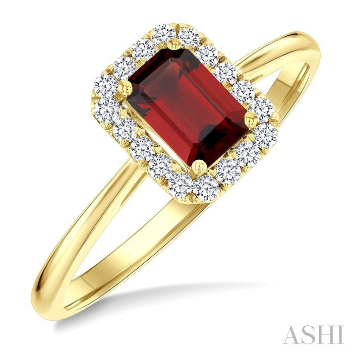 6x4 MM Octagonal Shape Garnet and 1/6 Ctw Round Cut Diamond Halo Semi-Precious Ring in 10K Yellow Gold