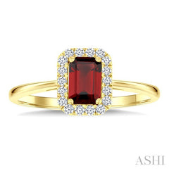 6x4 MM Octagonal Shape Garnet and 1/6 Ctw Round Cut Diamond Halo Semi-Precious Ring in 10K Yellow Gold