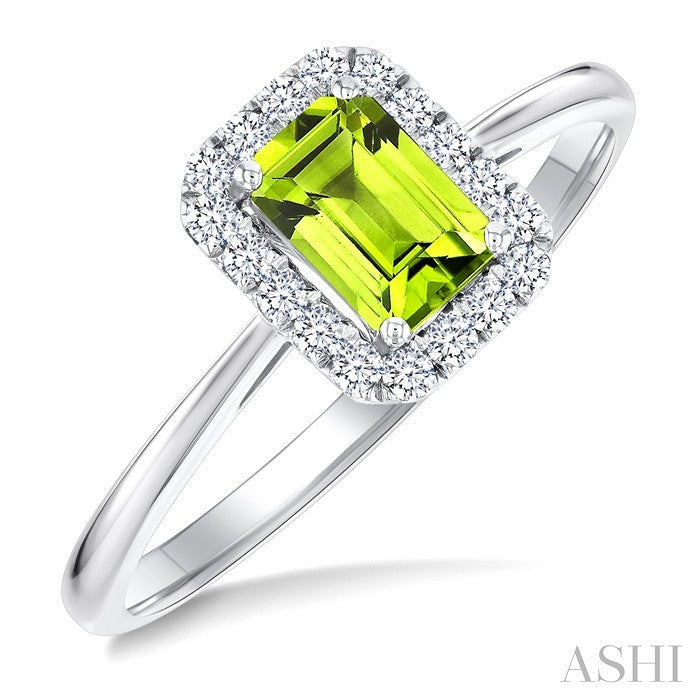 6x4 MM Octagonal Shape Peridot and 1/6 Ctw Round Cut Diamond Halo Semi-Precious Ring in 10K White Gold