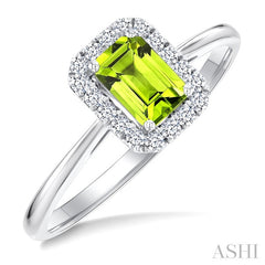 6x4 MM Octagonal Shape Peridot and 1/6 Ctw Round Cut Diamond Halo Semi-Precious Ring in 10K White Gold