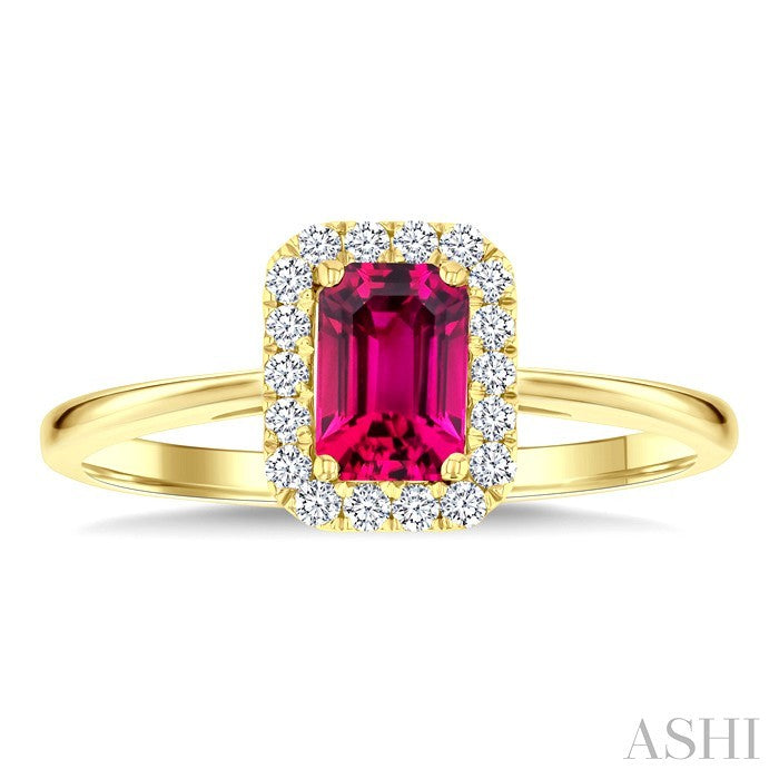 6x4 MM Octagonal Shape Pink Tourmaline and 1/6 Ctw Round Cut Diamond Halo Semi-Precious Ring in 10K Yellow Gold