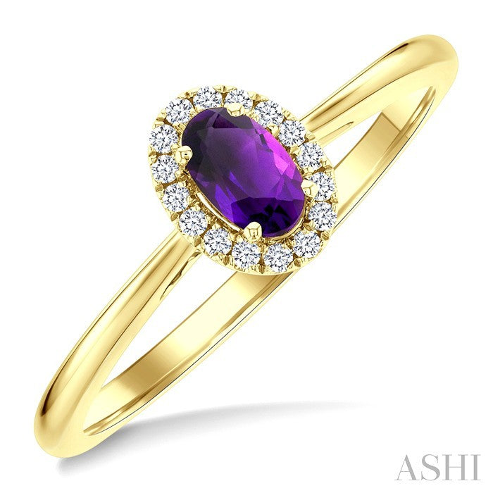 5x3 MM Oval Shape Amethyst and 1/20 Ctw Round Cut Diamond Halo Semi-Precious Ring in 14K Yellow Gold