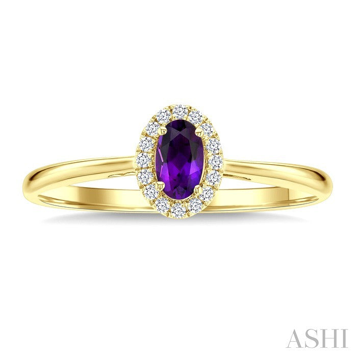 5x3 MM Oval Shape Amethyst and 1/20 Ctw Round Cut Diamond Halo Semi-Precious Ring in 14K Yellow Gold