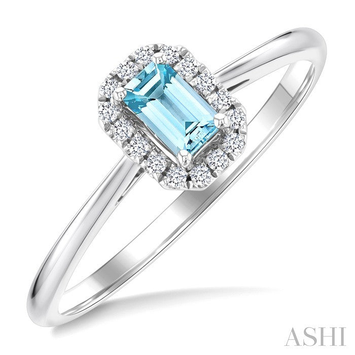 5x3 MM Octagonal Shape Aquamarine and 1/20 Ctw Round Cut Diamond Halo Semi-Precious Ring in 14K White Gold