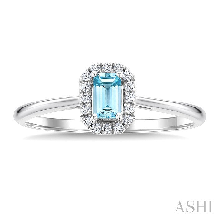 5x3 MM Octagonal Shape Aquamarine and 1/20 Ctw Round Cut Diamond Halo Semi-Precious Ring in 14K White Gold