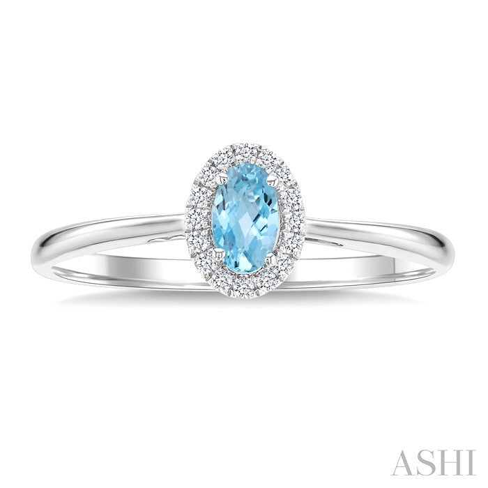 5x3 MM Oval Shape Aquamarine and 1/20 Ctw Round Cut Diamond Halo Semi-Precious Ring in 14K White Gold