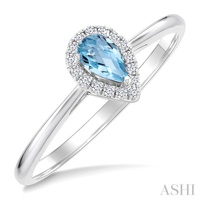 5x3 MM Pear Shape Aquamarine and 1/20 Ctw Round Cut Diamond Halo Semi-Precious Ring in 14K White Gold