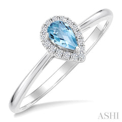 5x3 MM Pear Shape Aquamarine and 1/20 Ctw Round Cut Diamond Halo Semi-Precious Ring in 14K White Gold