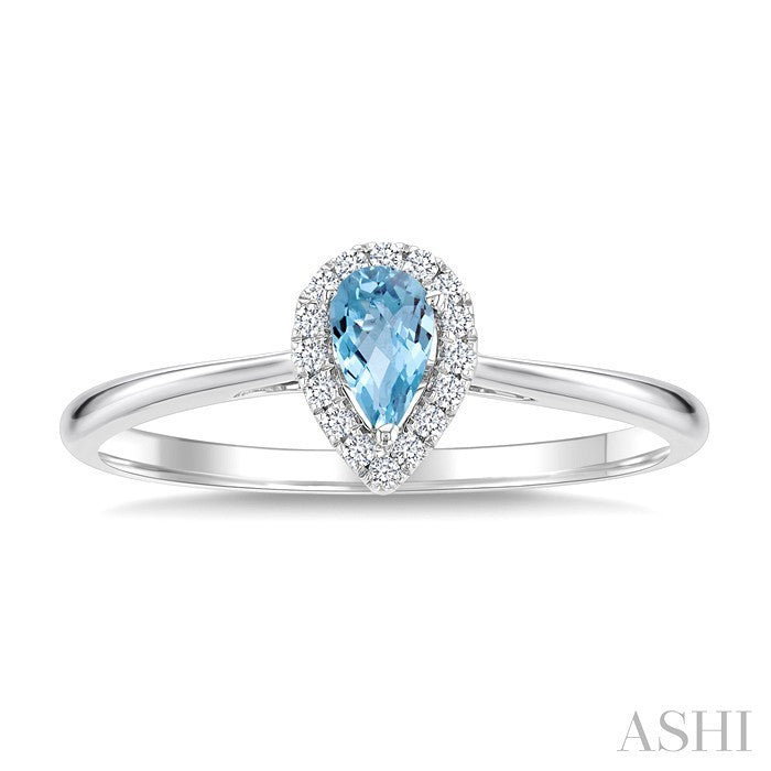 5x3 MM Pear Shape Aquamarine and 1/20 Ctw Round Cut Diamond Halo Semi-Precious Ring in 14K White Gold