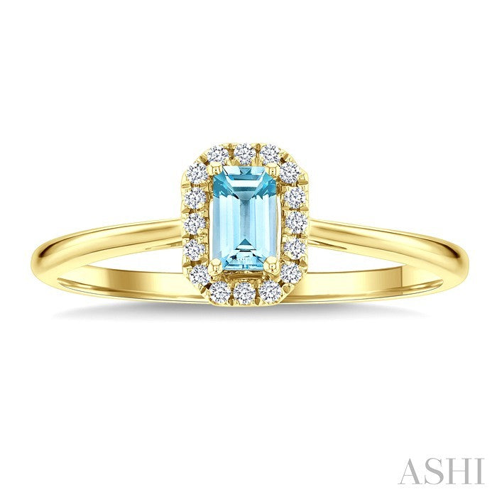 5x3 MM Octagonal Shape Aquamarine and 1/20 Ctw Round Cut Diamond Halo Semi-Precious Ring in 14K Yellow Gold