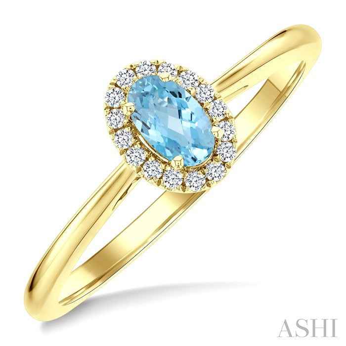 5x3 MM Oval Shape Aquamarine and 1/20 Ctw Round Cut Diamond Halo Semi-Precious Ring in 14K Yellow Gold
