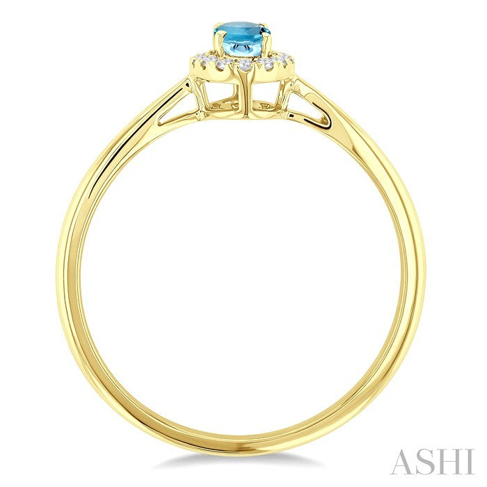 5x3 MM Oval Shape Aquamarine and 1/20 Ctw Round Cut Diamond Halo Semi-Precious Ring in 14K Yellow Gold