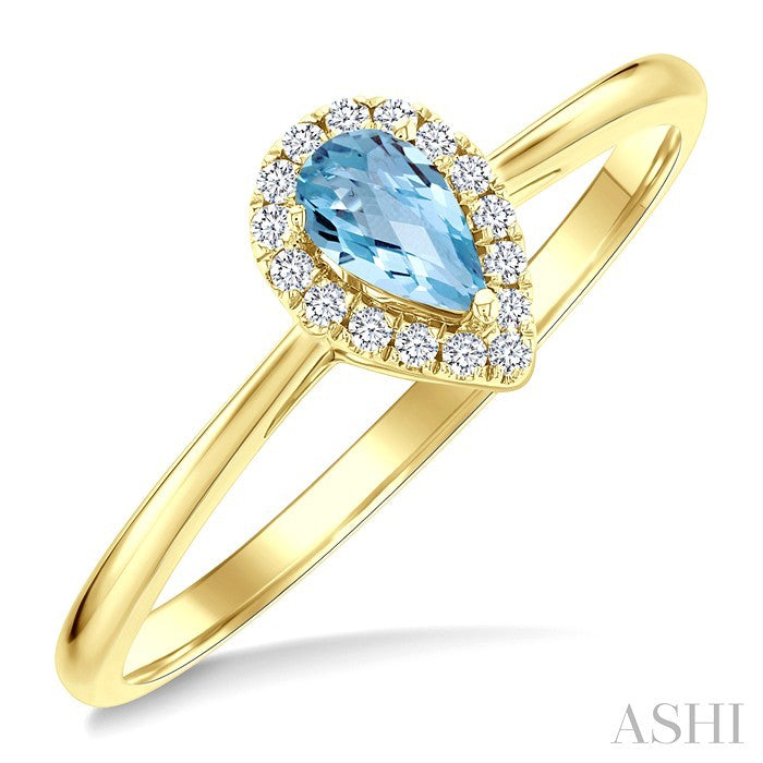 5x3 MM Pear Shape Aquamarine and 1/20 Ctw Round Cut Diamond Halo Semi-Precious Ring in 14K Yellow Gold
