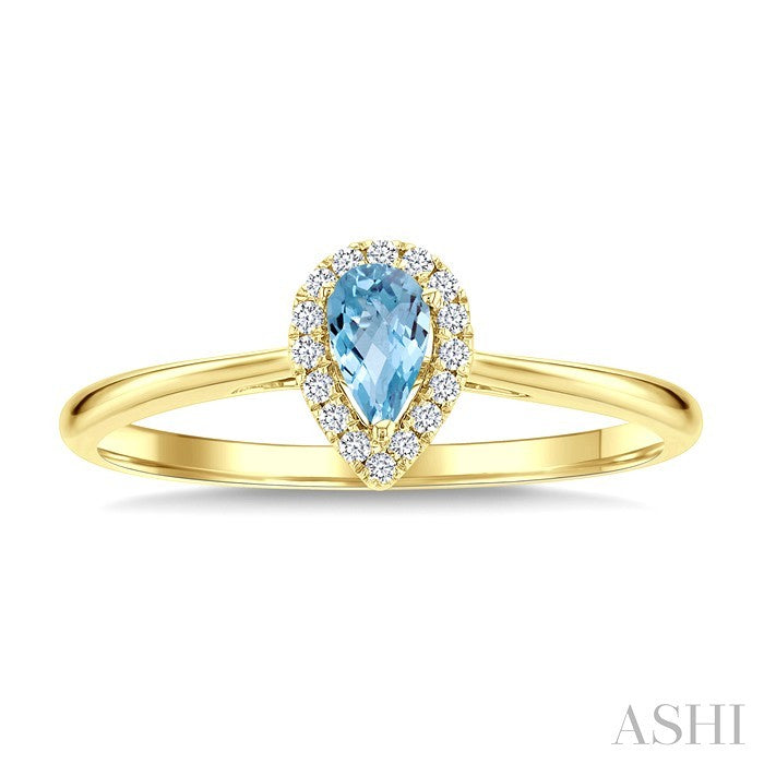 5x3 MM Pear Shape Aquamarine and 1/20 Ctw Round Cut Diamond Halo Semi-Precious Ring in 14K Yellow Gold