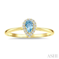 5x3 MM Pear Shape Aquamarine and 1/20 Ctw Round Cut Diamond Halo Semi-Precious Ring in 14K Yellow Gold