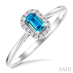 5x3 MM Octagonal Shape Blue Topaz and 1/20 Ctw Round Cut Diamond Halo Semi-Precious Ring in 14K White Gold